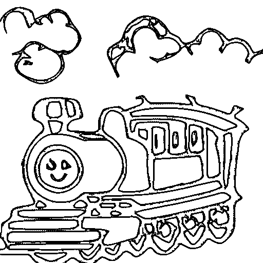 A chubby steam train with a smiling face Coloring Page