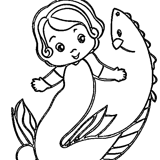 Baby mermaid with a fish friend Coloring Page